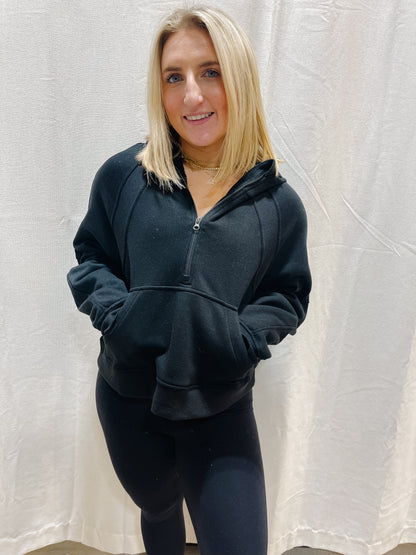 Essential Half-Zip Hoodie - BLACK