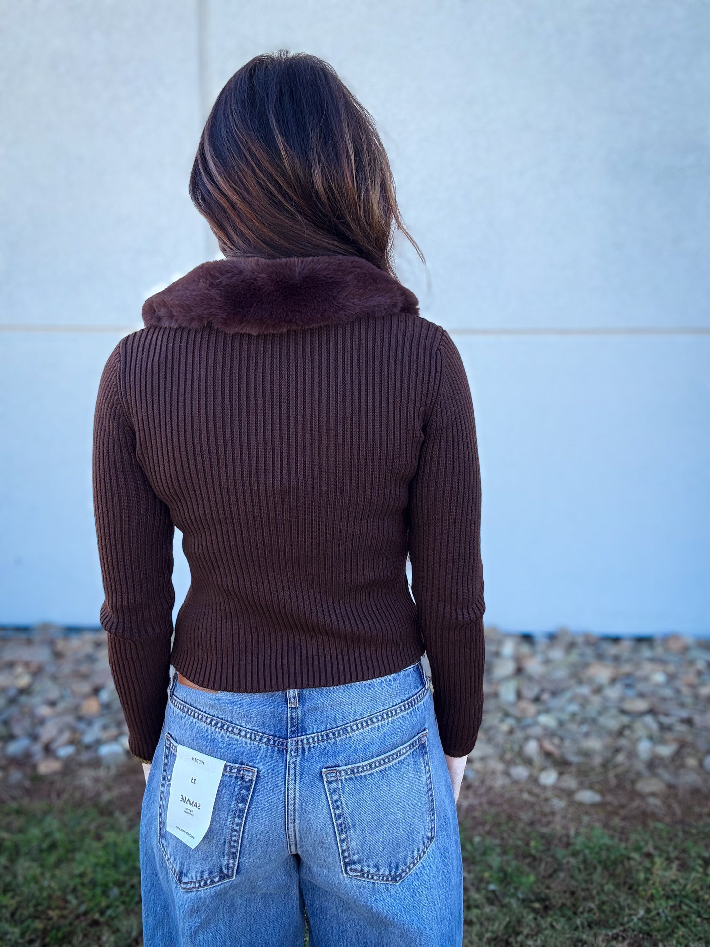 Fur Collared Cardigan Sweater - BROWN