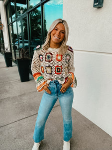 Floral Crochet Striped Sleeve Sweater