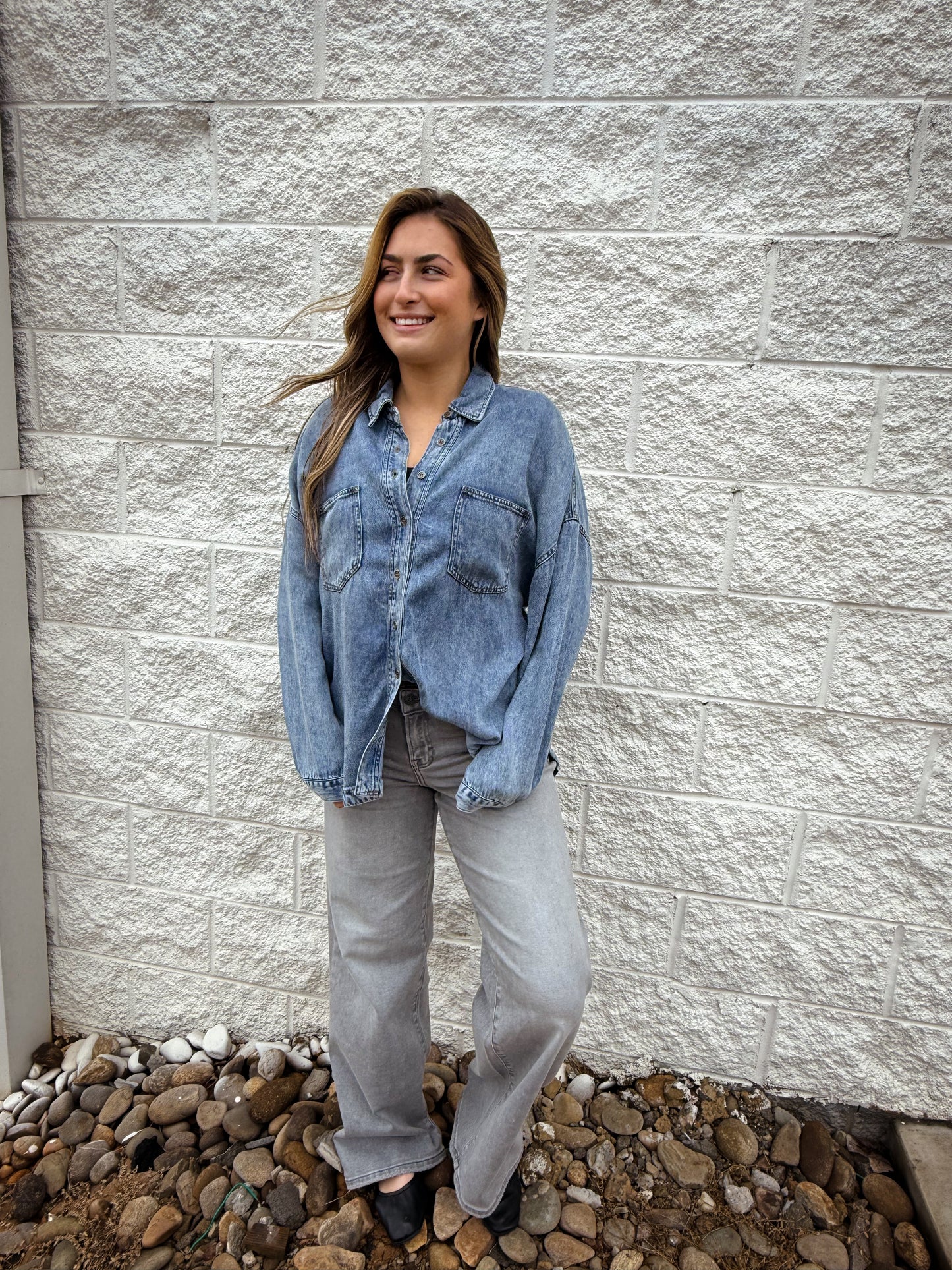 Hidden - Nori Mid Rise Stretch Wide Leg Jeans - Light Gray