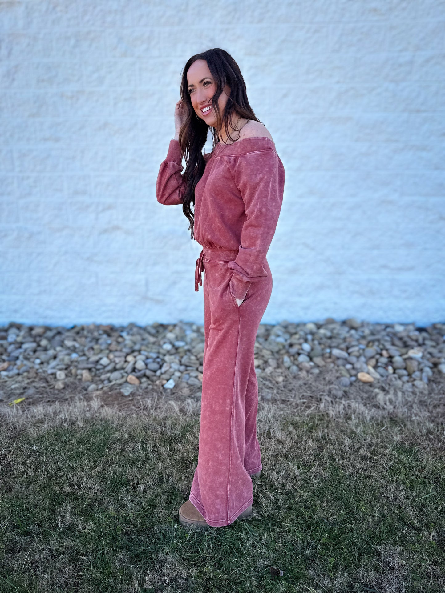 Effortless Off The Shoulder Jumpsuit - Washed Berry