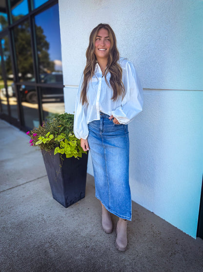 HIdden - Peyton Midi Skirt with Side Slit - Medium Wash
