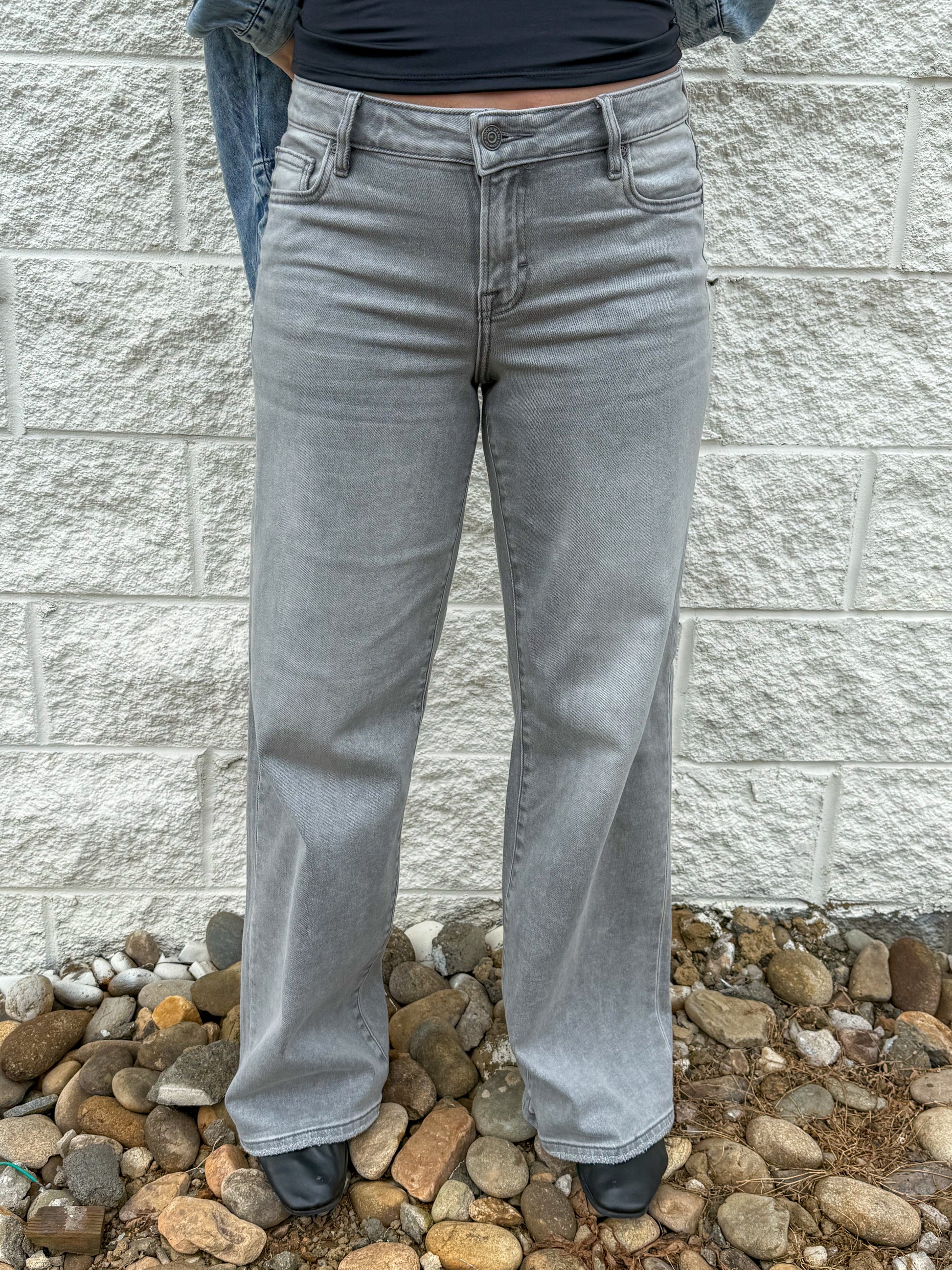gray stretch wide leg jeans 