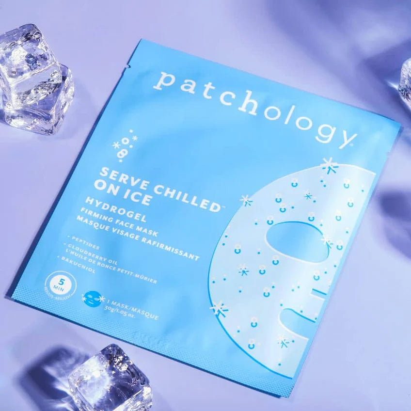 Patchology Serve Chilled On Ice hydrogel firming face mask with peptides, cloudberry oil, and bakuchiol for refreshing, cooling skincare.