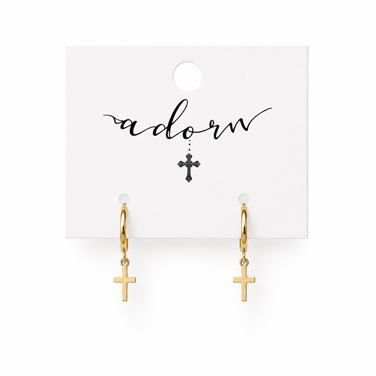Follow Me Cross Huggie Gold Earrings featuring polished gold huggie hoops with dangling cross charms, waterproof, tarnish-resistant, hypoallergenic Christian jewelry with a lifetime warranty.