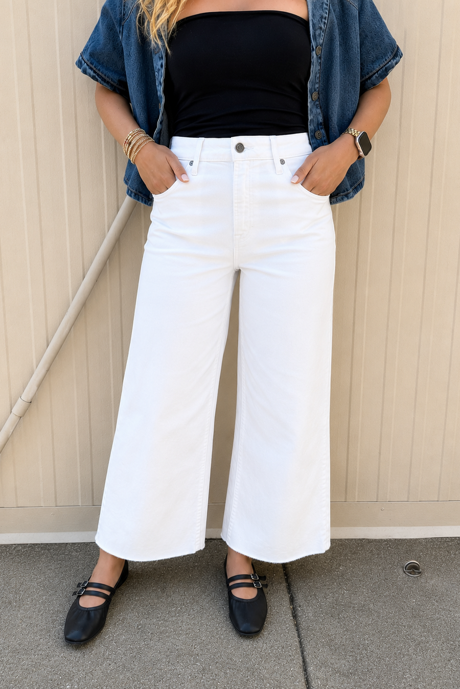 HIDDEN - Nori Cropped Raw Hem Wide Leg Jeans - WHITE