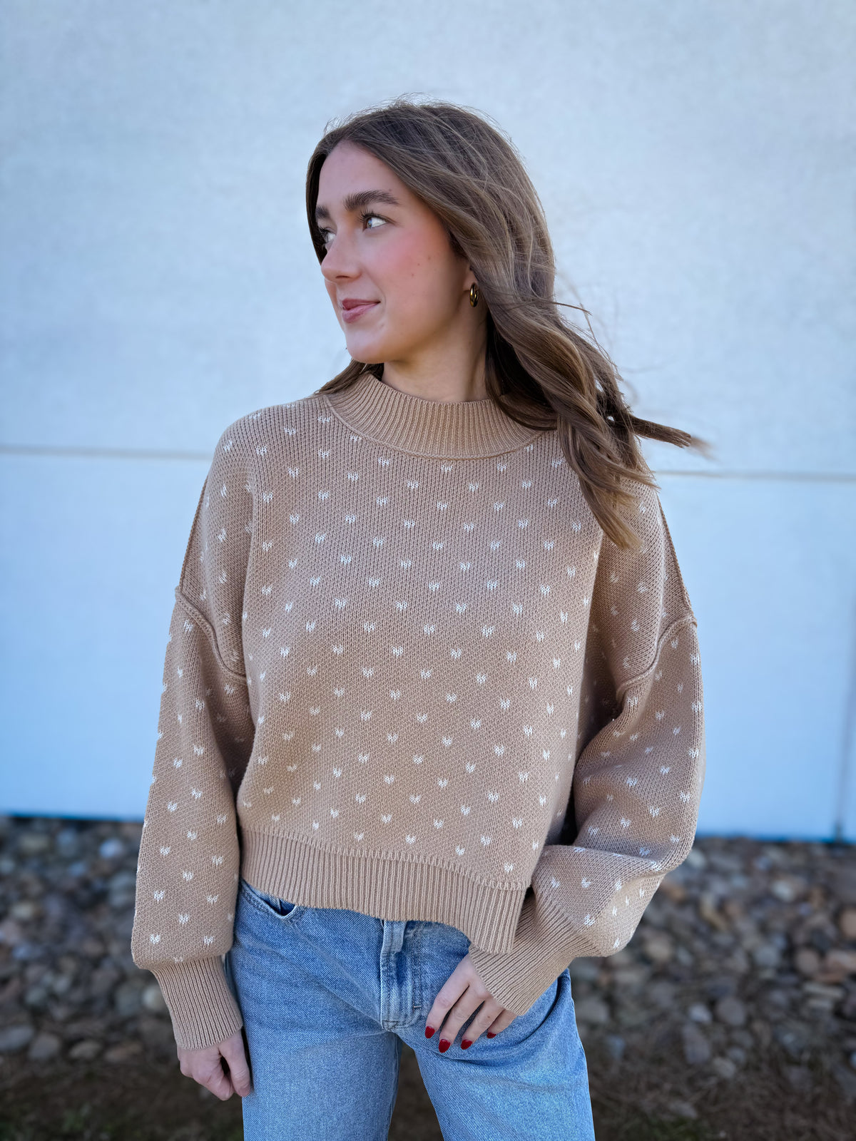 Taupe knit sweater featuring contrasting black blanket stitch trim, a ribbed crew neckline, relaxed fit, long sleeves, and ribbed hem and cuffs for an effortlessly cozy fall look.