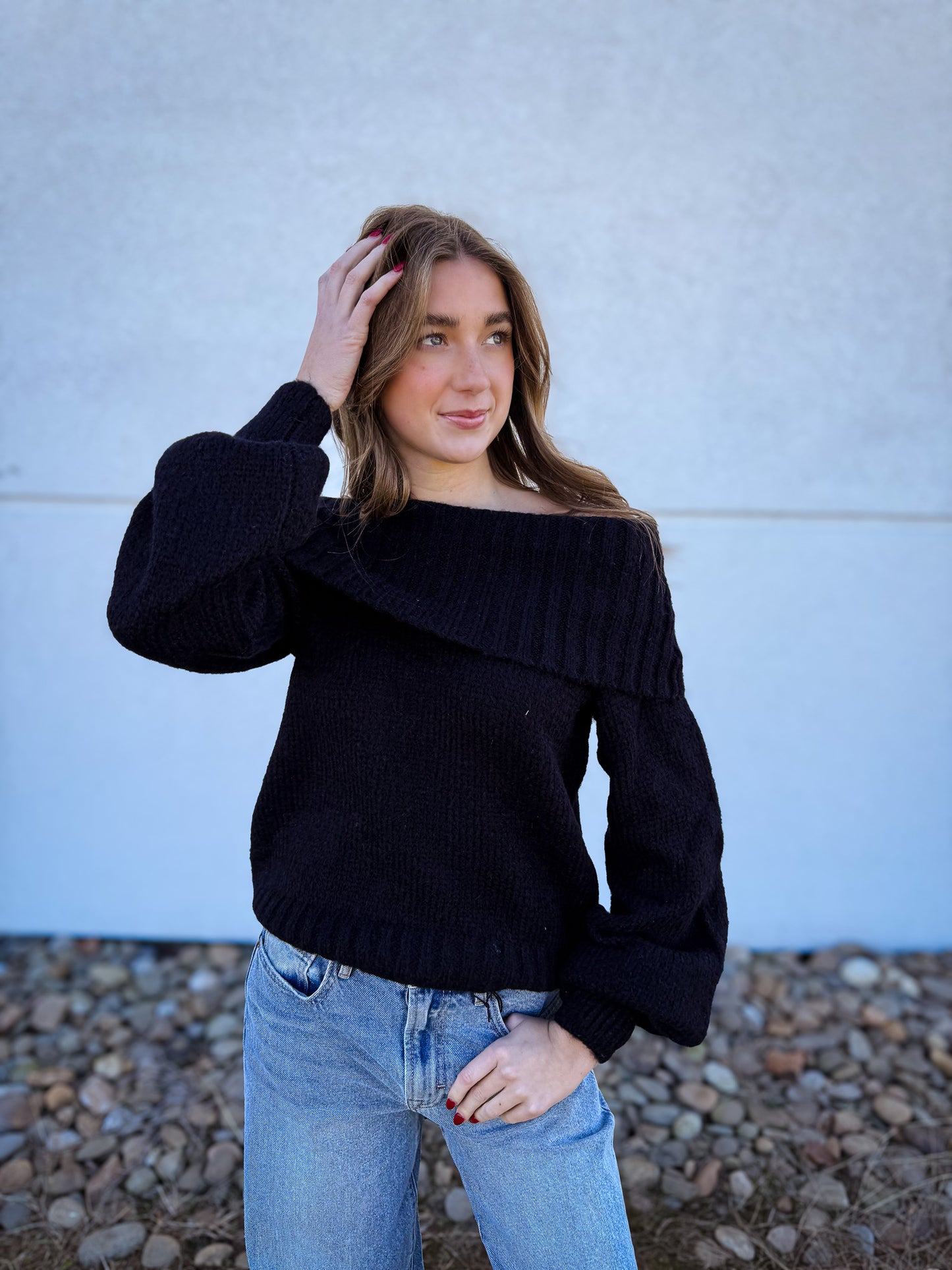 Foldover Chunky Knit Sweater - BLACK