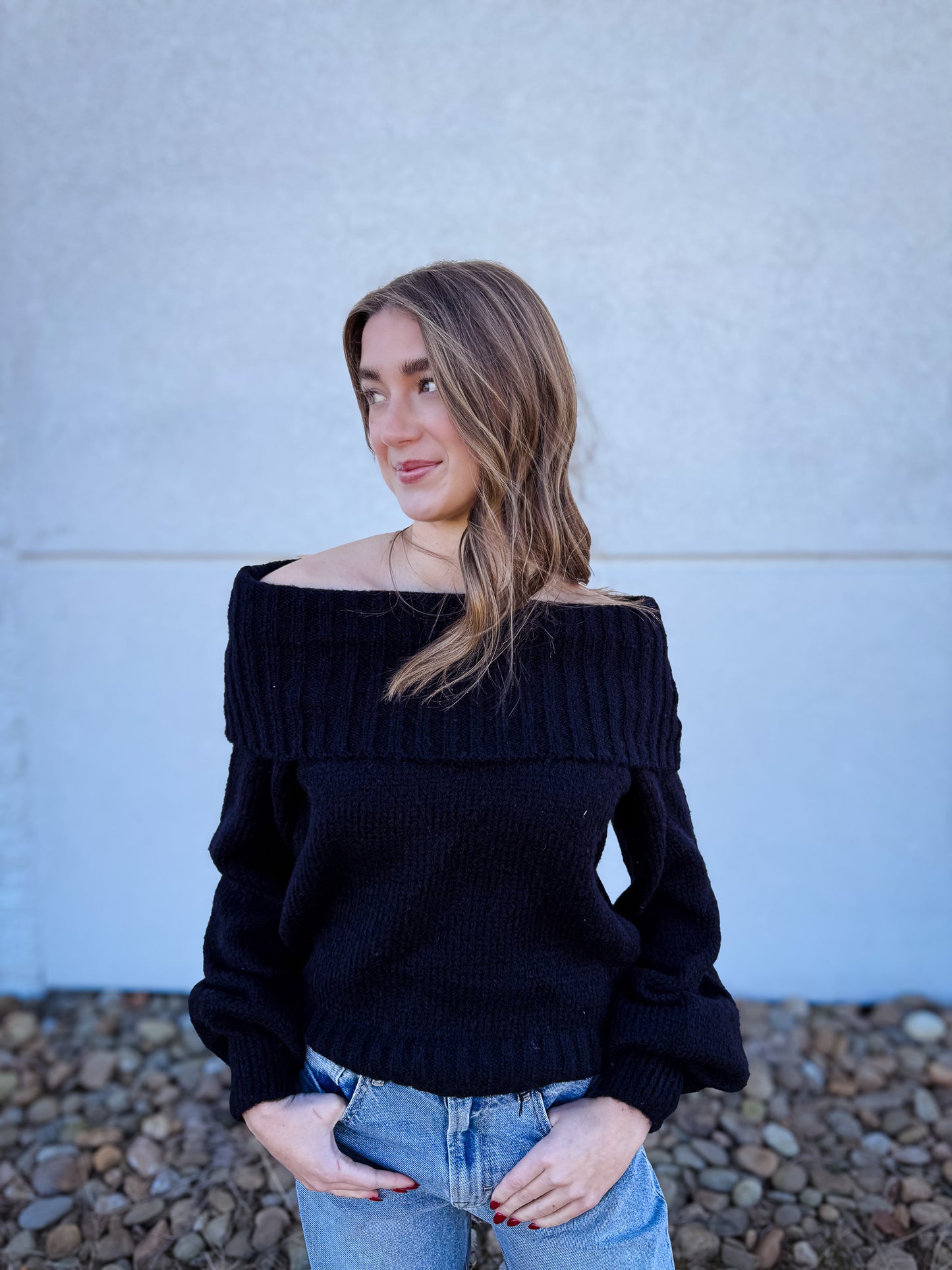 Foldover Chunky Knit Sweater - BLACK