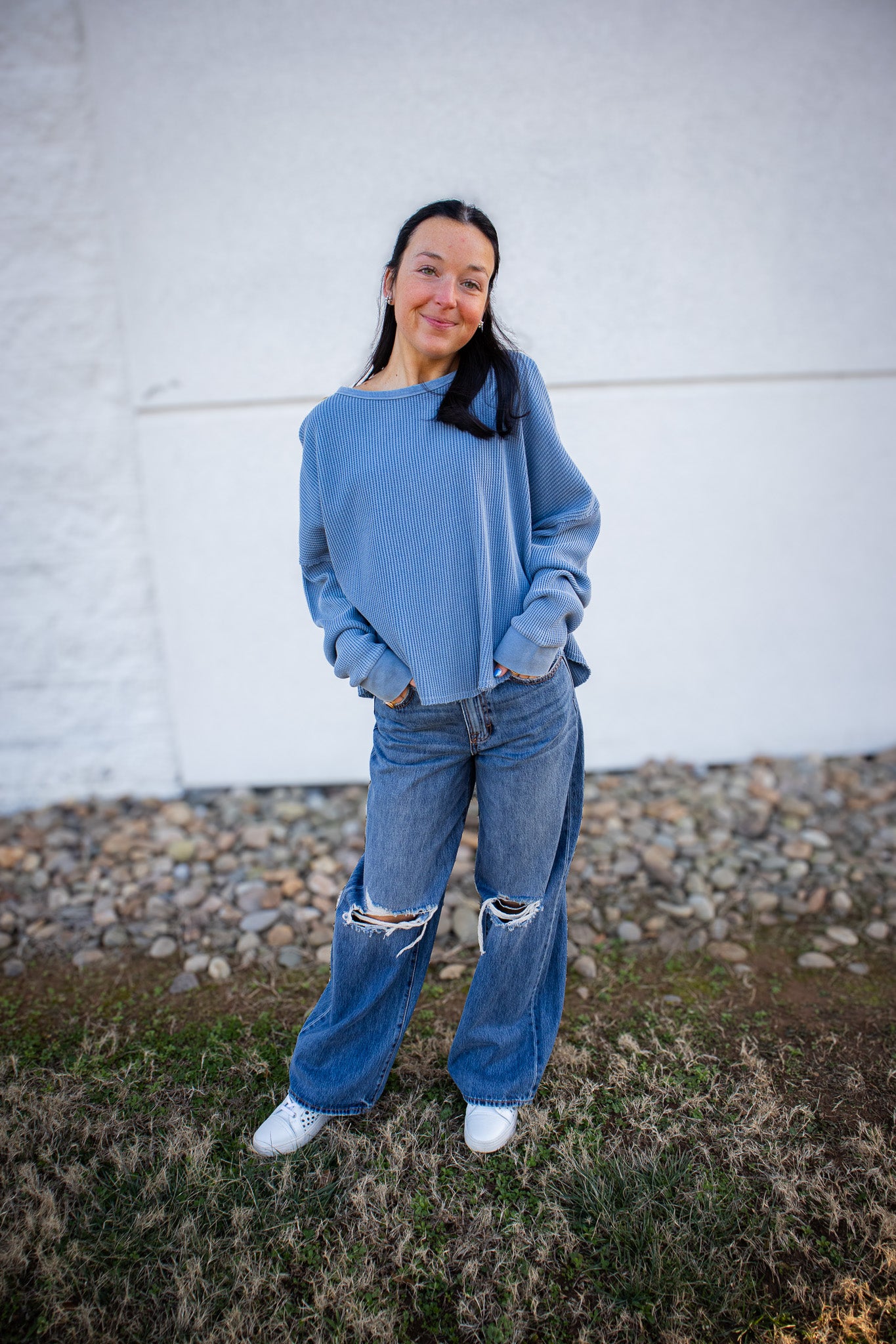 Mic Drop Thermal Waffle Top - DUSTY BLUE