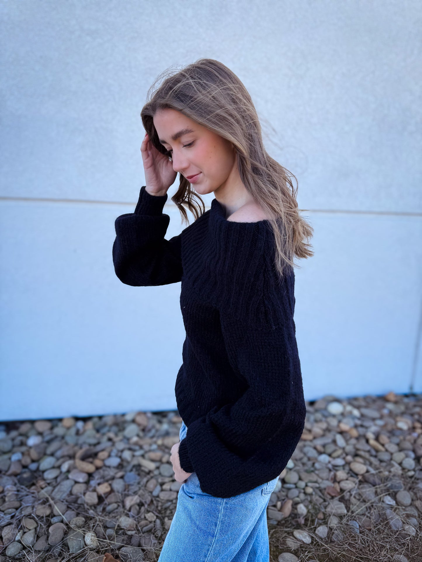 Foldover Chunky Knit Sweater - BLACK