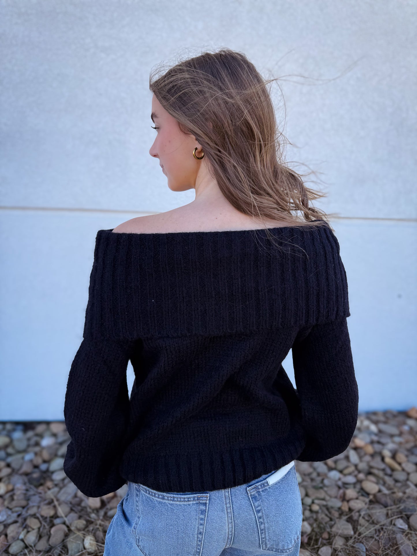 Foldover Chunky Knit Sweater - BLACK