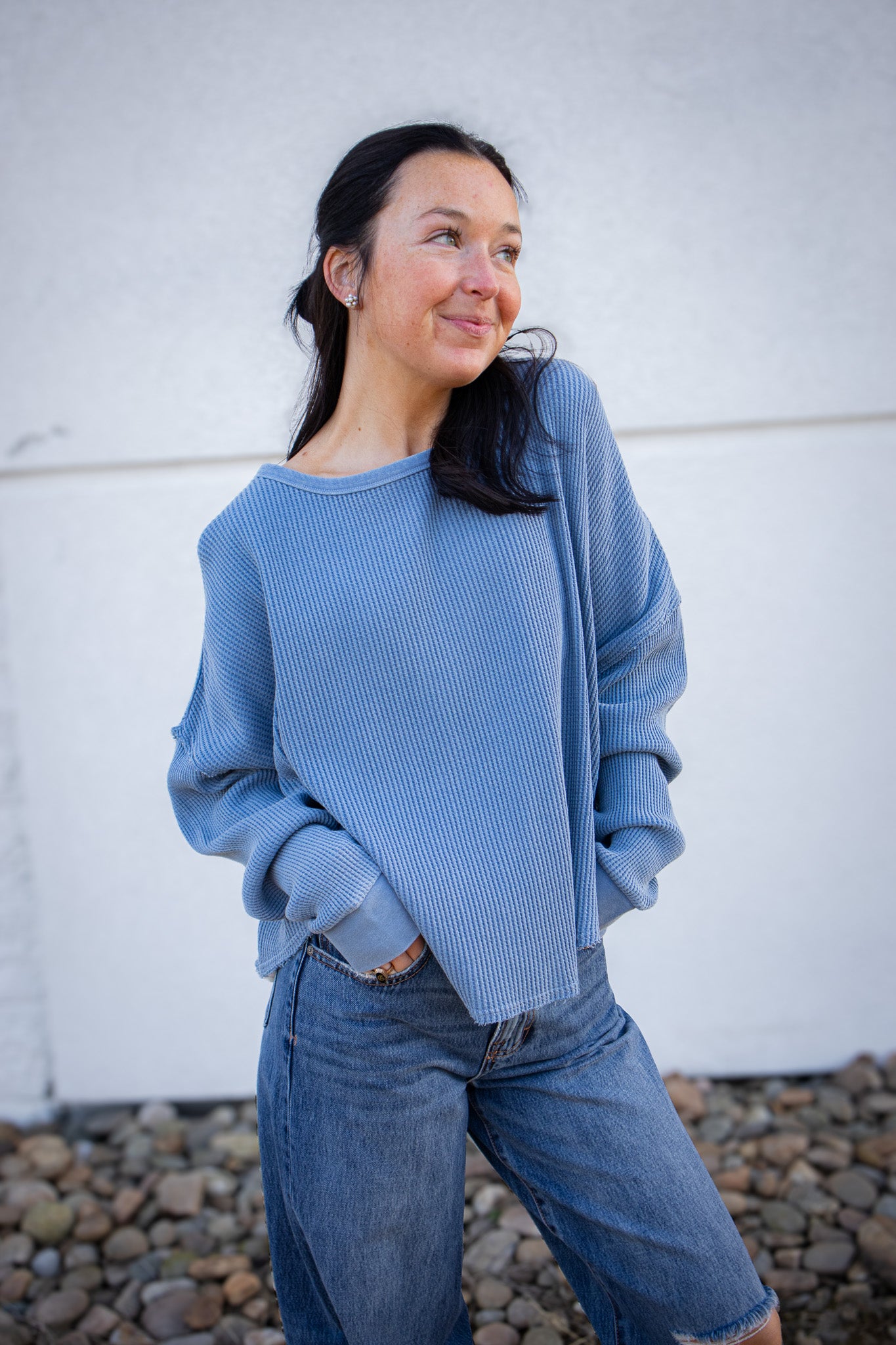 Mic Drop Thermal Waffle Top - DUSTY BLUE