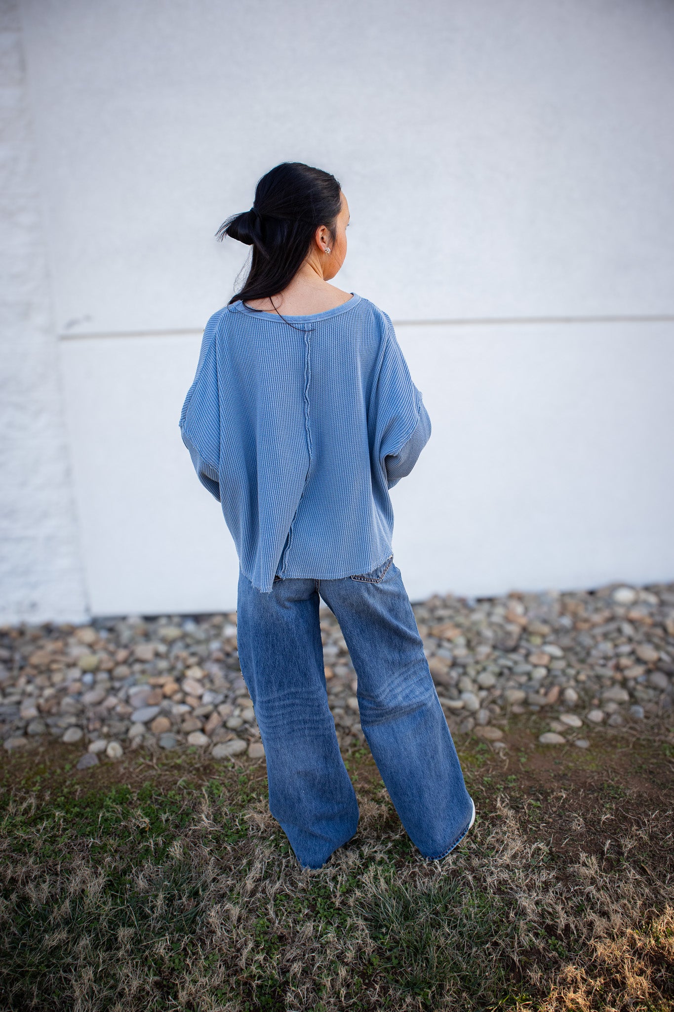 Mic Drop Thermal Waffle Top - DUSTY BLUE