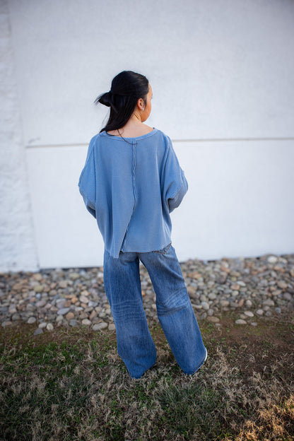 Mic Drop Thermal Waffle Top - DUSTY BLUE