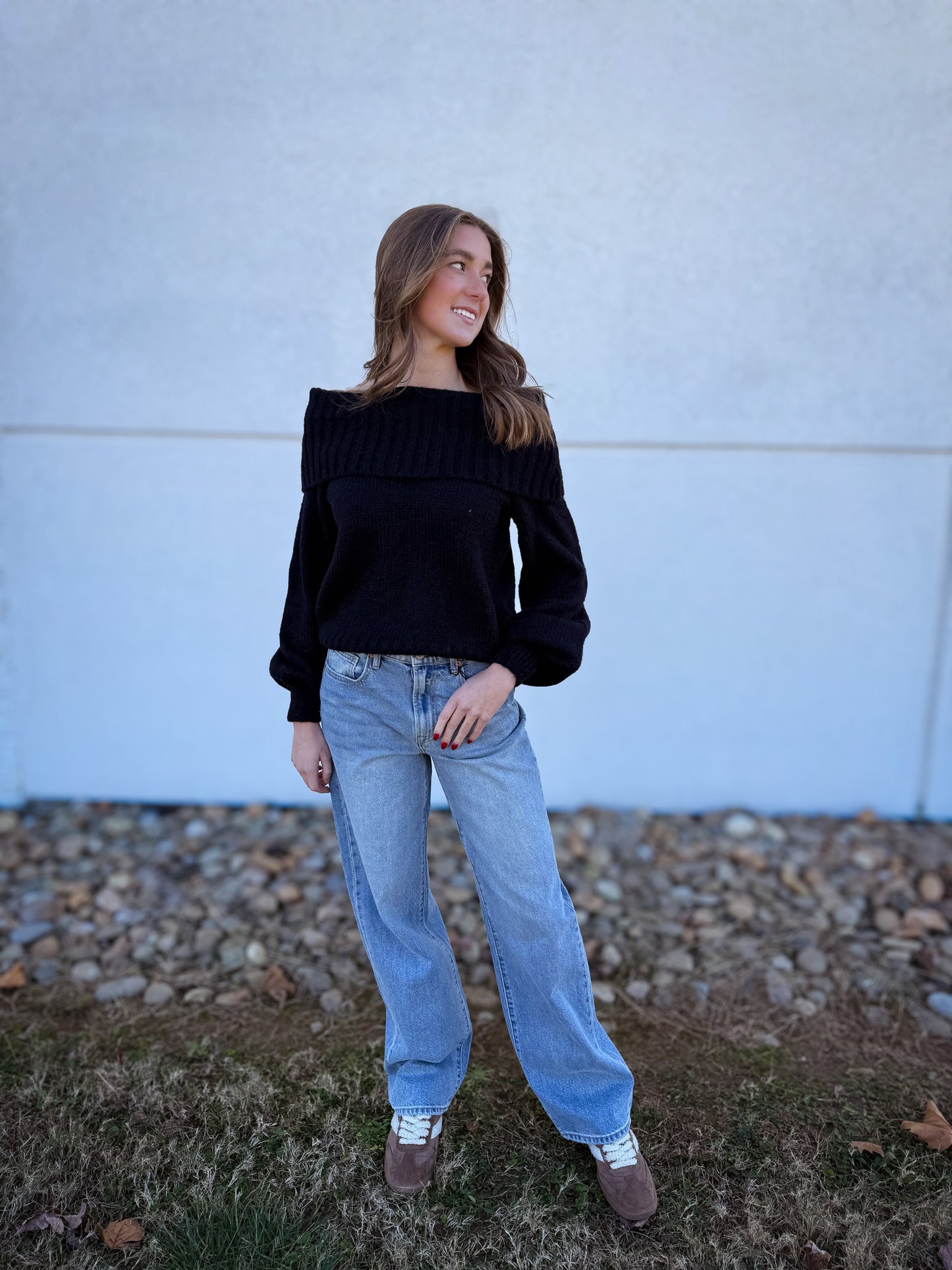 Foldover Chunky Knit Sweater - BLACK