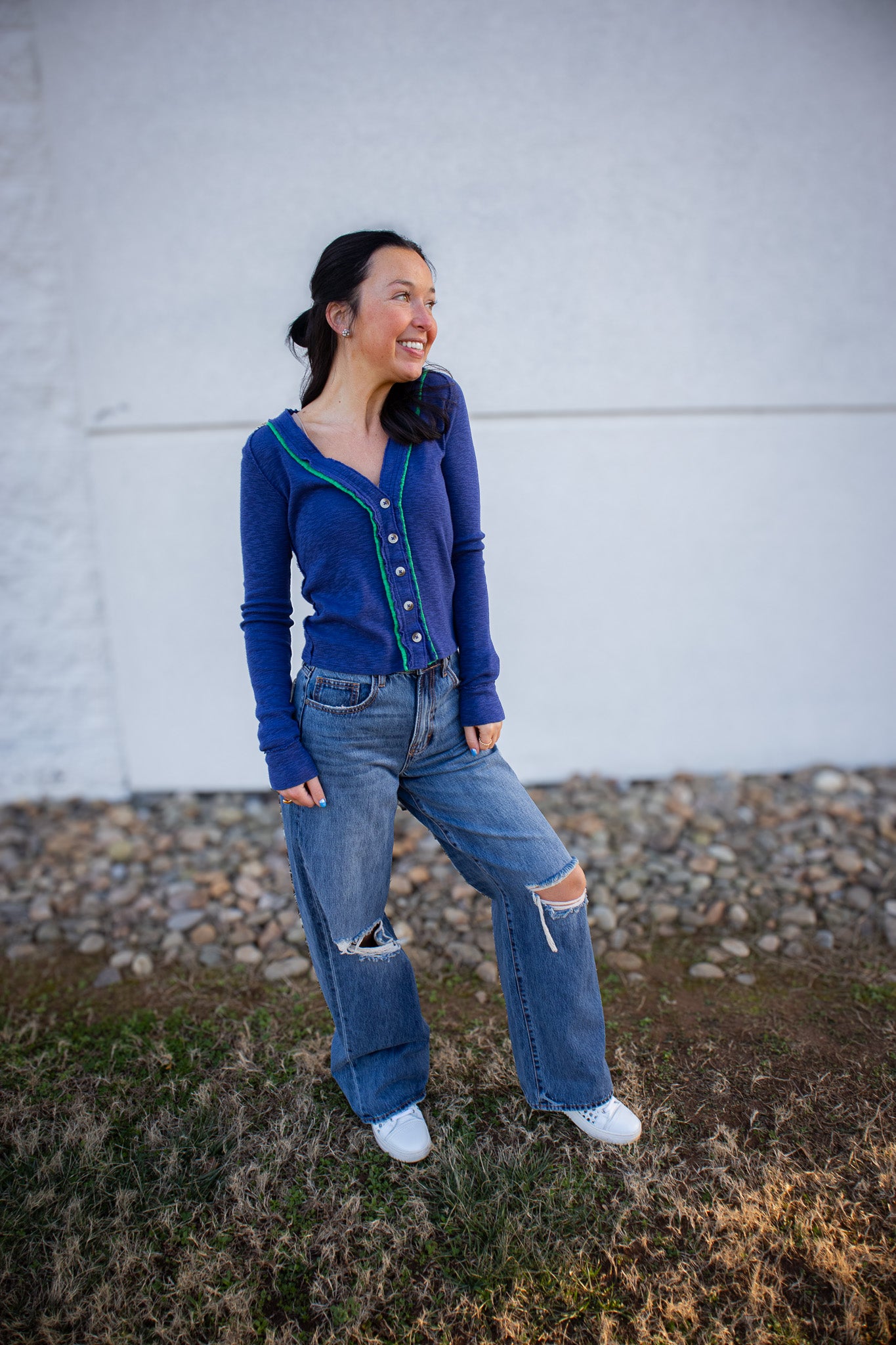 Hidden -NORI - Distressed  33" Inseam Wide Leg Jean - Medium Dark