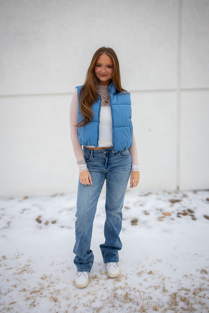 Cropped Puffer Vest - Dusty Blue