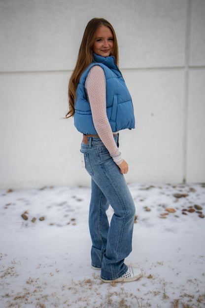 Cropped Puffer Vest - Dusty Blue