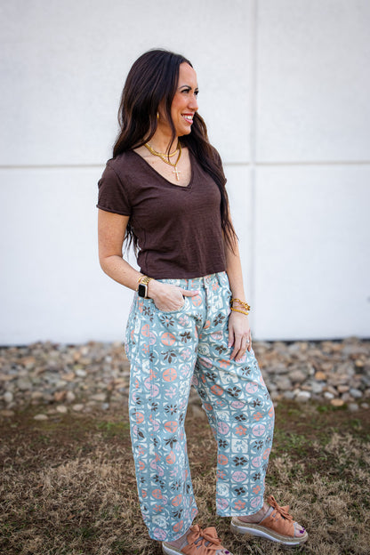 Free People - Good Luck Printed Barrel Jeans - JADE COMBO - DITSY BLOCK