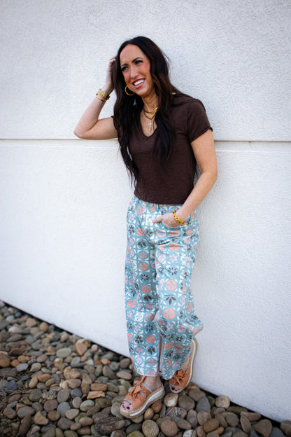 Free People - Good Luck Printed Barrel Jeans - JADE COMBO - DITSY BLOCK