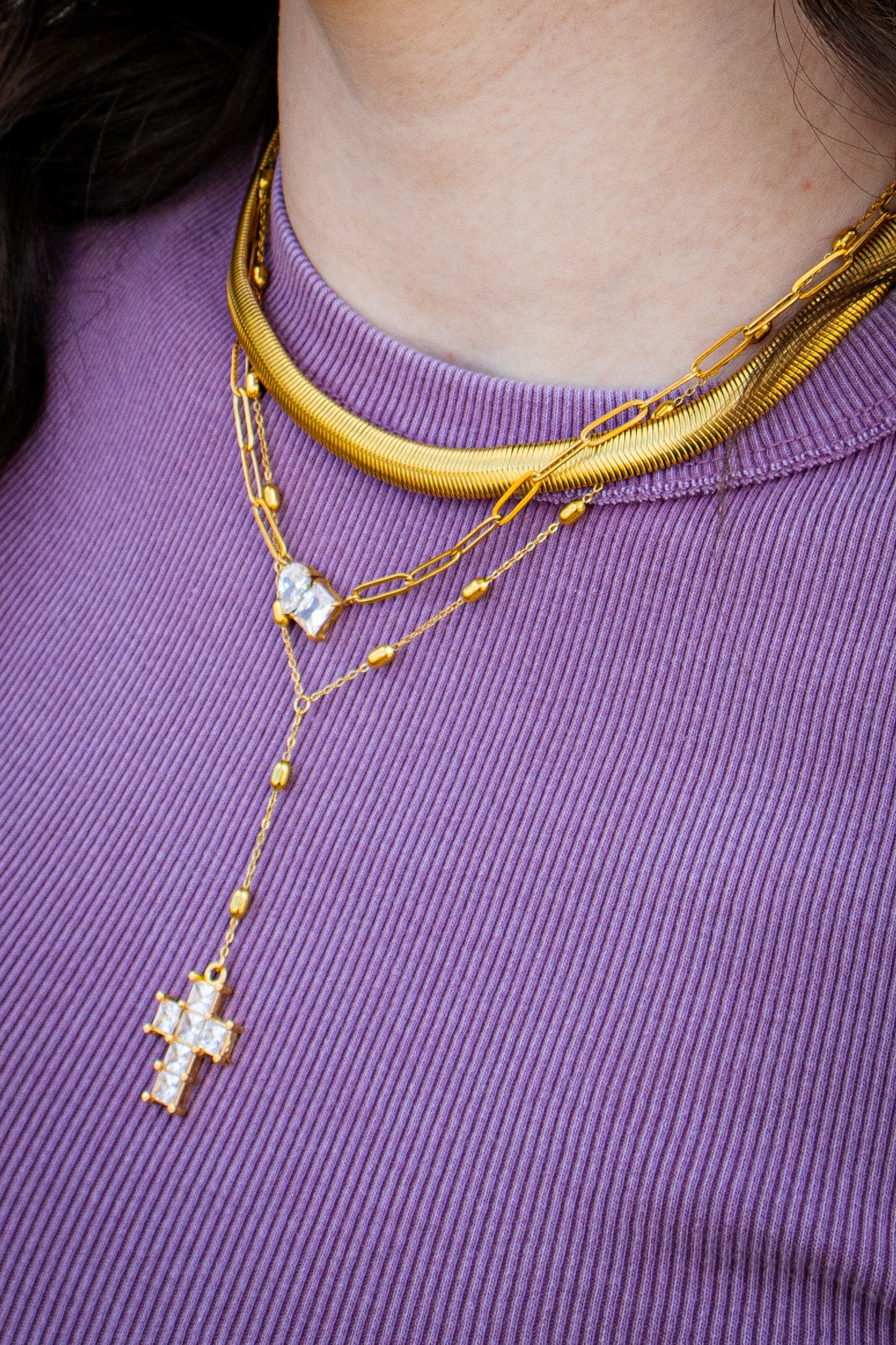 ADORN - Grace Upon Grace Gold Lariat Diamond Cross Necklace