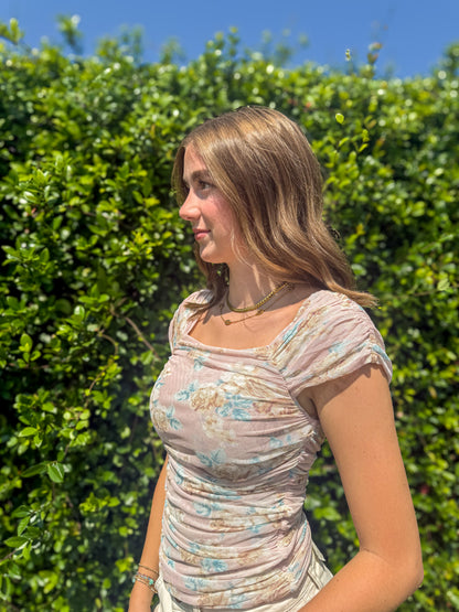 Blush Florals Mesh Cinched Top