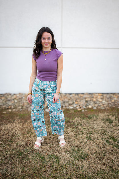 Free People - Good Luck Printed Barrel Jeans - JADE COMBO - DITSY BLOCK