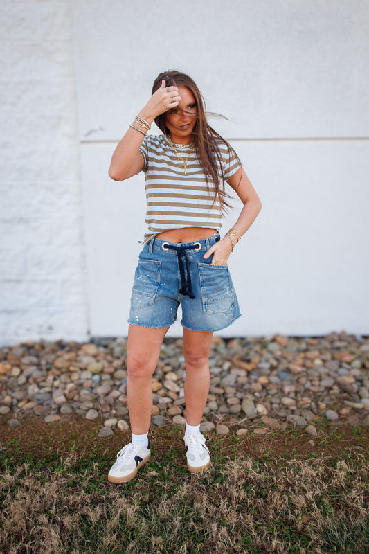 Free People - Nora Striped Tee - GREEN COMBO