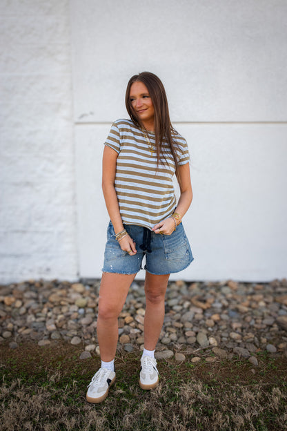 Free People - Nora Striped Tee - GREEN COMBO