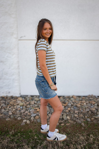 Free People - Nora Striped Tee - GREEN COMBO