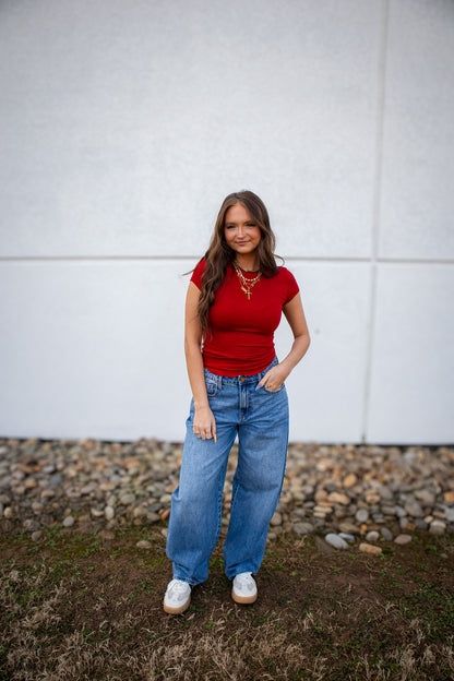 Cherry Luxe Ribbed Cap Sleeve Tee