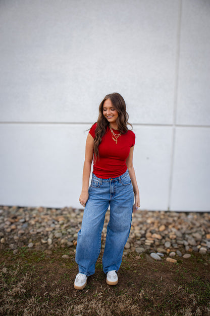 Cherry Luxe Ribbed Cap Sleeve Tee