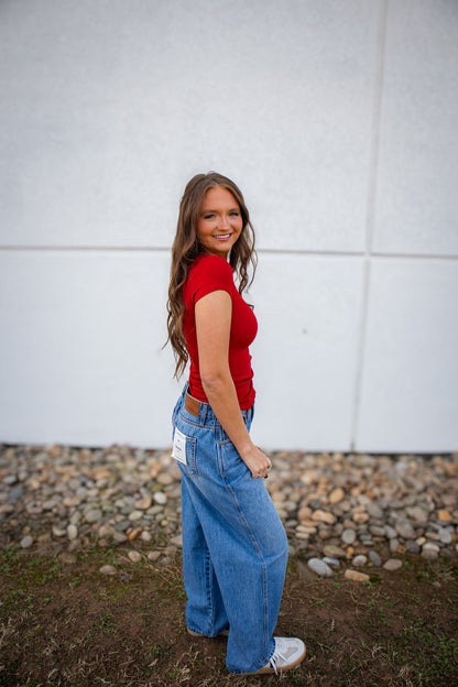Cherry Luxe Ribbed Cap Sleeve Tee