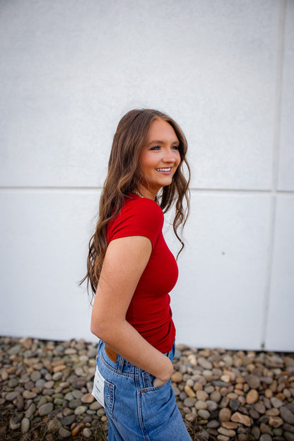 Cherry Luxe Ribbed Cap Sleeve Tee