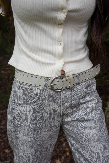 Studded Faux Leather Belt - IVORY/SILVER