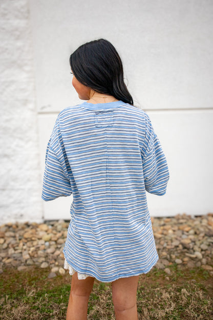 Free People - All Love Stripe Pocket Tee - BLISSFUL BLUE COMBO