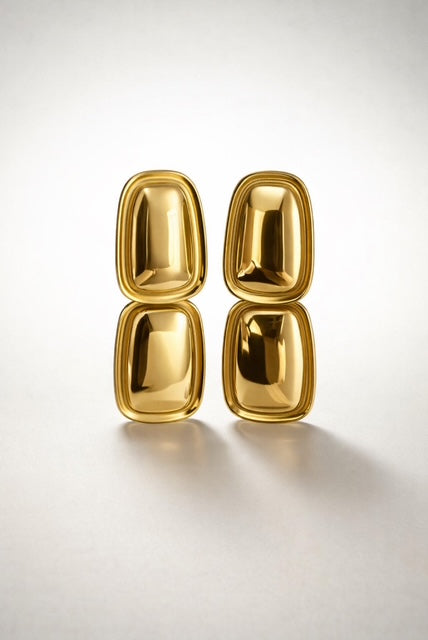 Minimalist gold statement earrings, rectangular shape with smooth polished shine