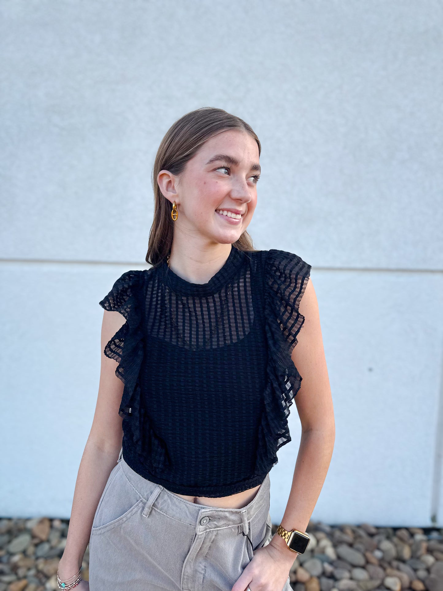 Alex Cropped Ruffle Mesh Top - BLACK