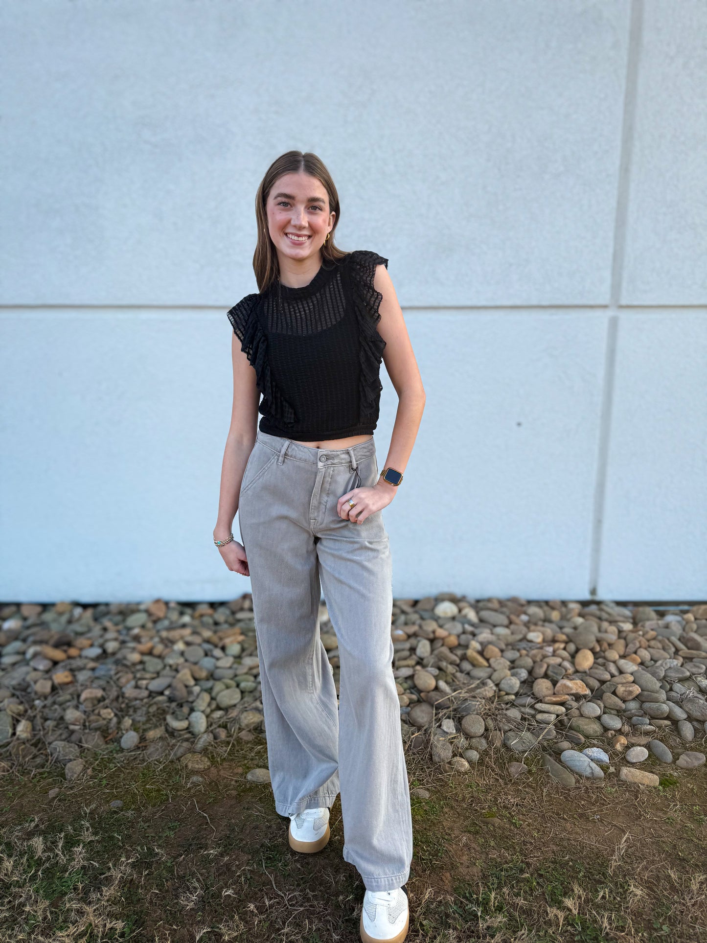 Alex Cropped Ruffle Mesh Top - BLACK