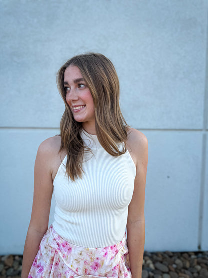 Carefree Ribbed Mock Neck Halter Tank - OFF WHITE