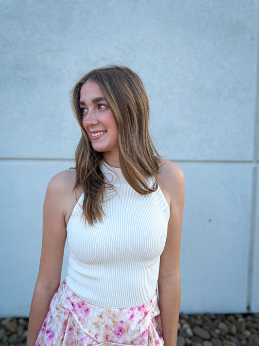 Carefree Ribbed Mock Neck Halter Tank - OFF WHITE