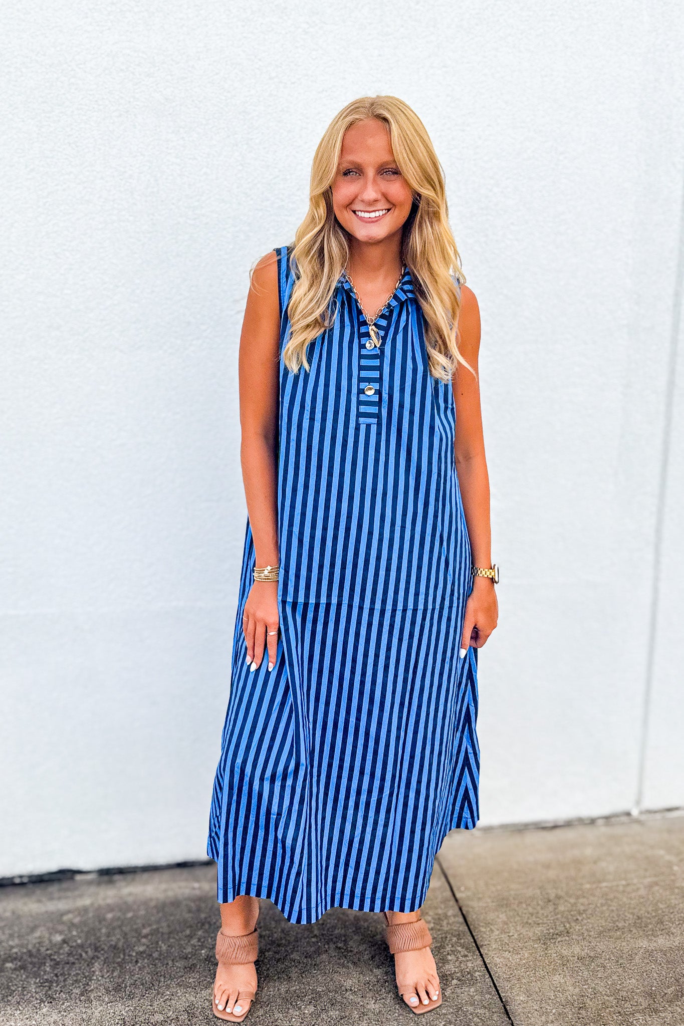 Blue Hour Striped Sleeveless Midi Dress
