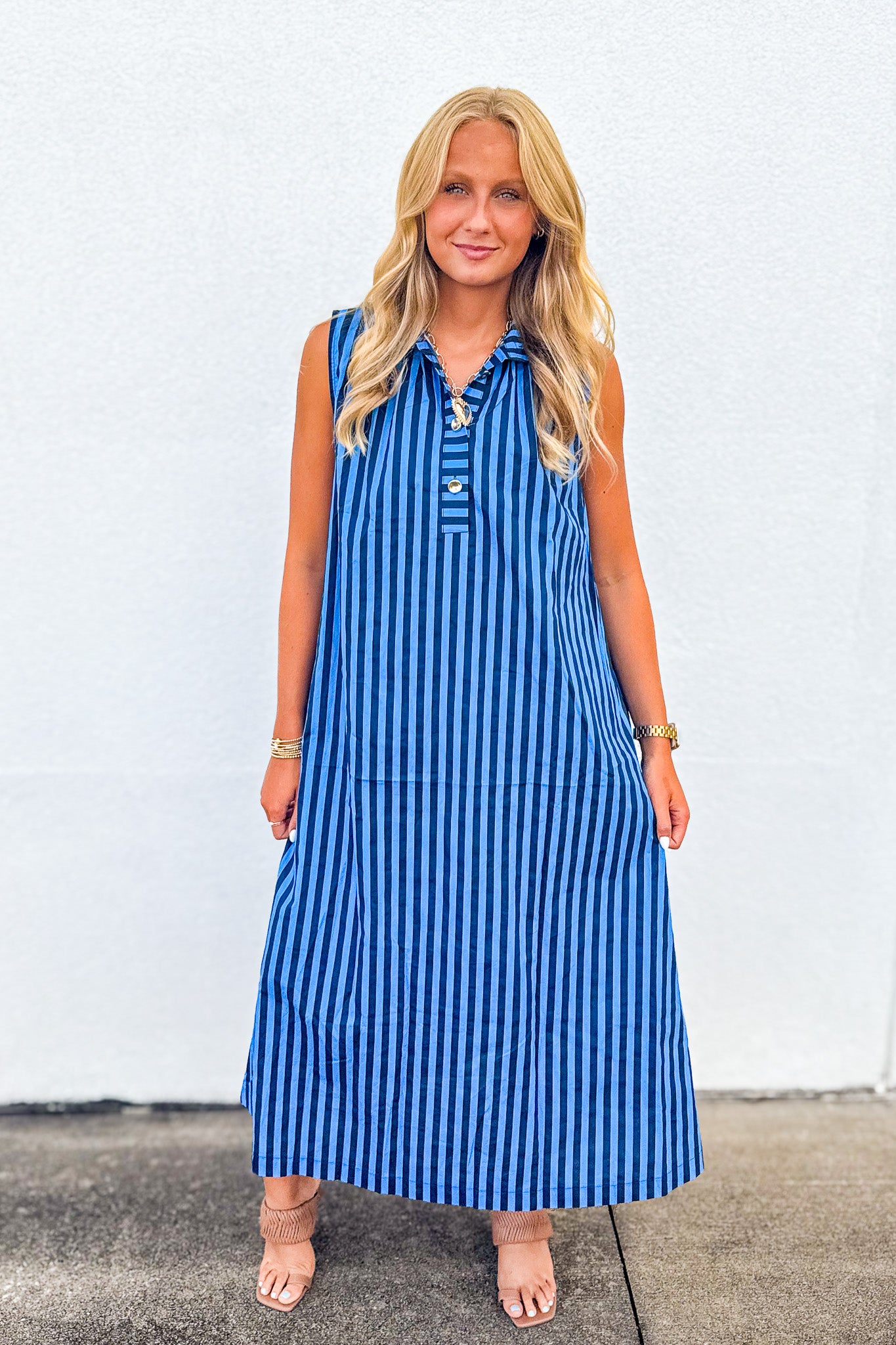 Blue Hour Striped Sleeveless Midi Dress