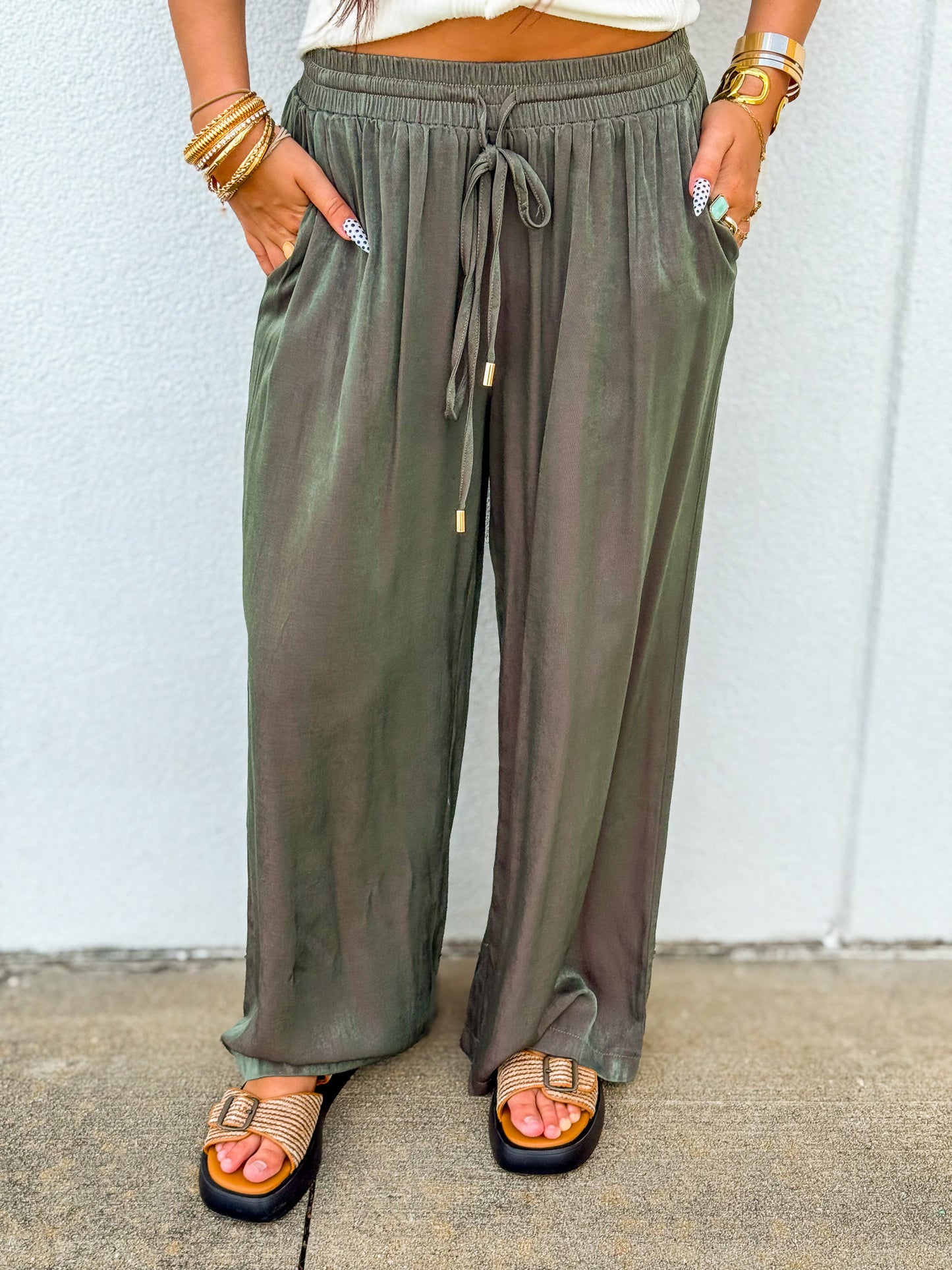 Olive Grove Iridescent Luxe Wide Leg Pants