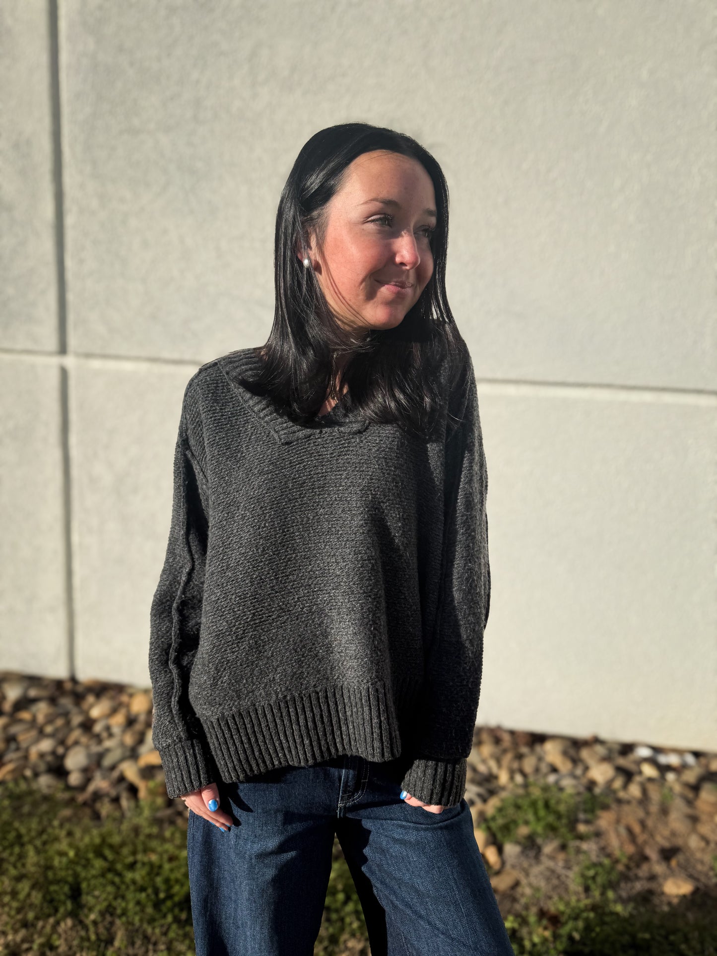 Cozy V-Neck Charcoal Sweater