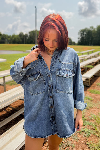 Hidden - Abbey Oversized Denim Shacket – Medium Dark Wash