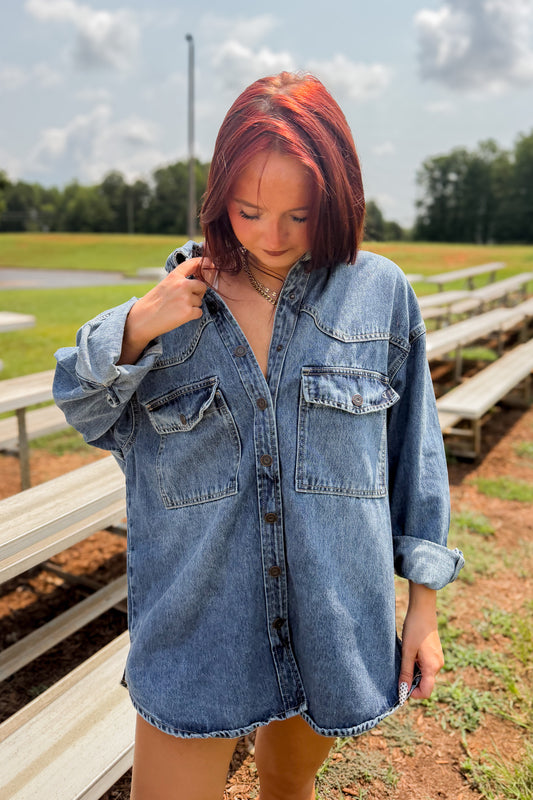 Hidden - Abbey Oversized Denim Shacket – Medium Dark Wash
