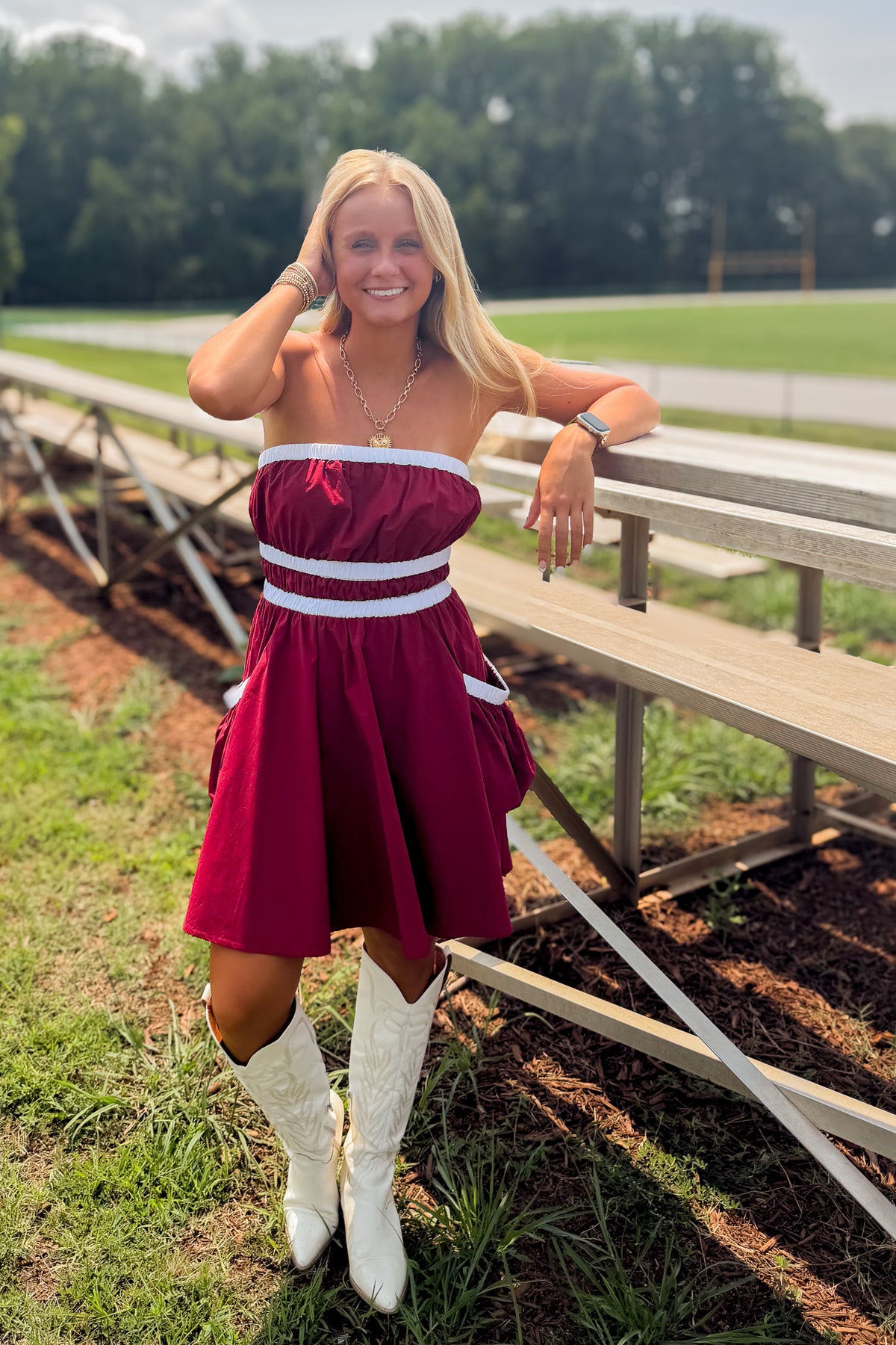 First Down Strapless Game Day Dress - GARNET