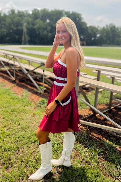First Down Strapless Game Day Dress - GARNET